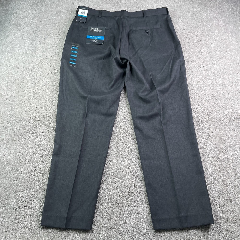 NEW Perry Ellis‎ Pants Mens 36x29 Grey Travel Luxe No Iron Flat Front Trousers